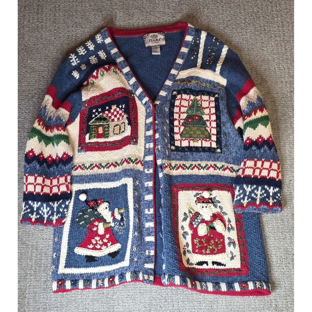 Vtg TIARA International Sweater Womens Large Winter Christmas Panel Cardigan